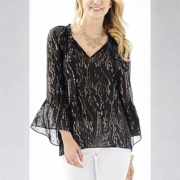 Lilly Pulitzer Matilda Silk Top Blouse Onyx Size Small Bow Tie Neck - Picture 1 of 6